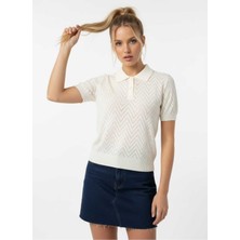 Dolce Queen Kadın Polo Yaka Ajurlu Zigzag Desenli Kısa Kollu Triko Bluz