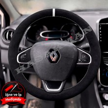 Hasakman Renault Clio 4 Dikme Direksiyon Kılıfı Full Alcantara Süet Beyaz Yüzük ve Beyaz Dikiş 2012-2019