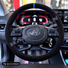 Hasakman Hyundai Bayon Dikme Direksiyon Kılıfı Full Alcantara Süet Mavi Yüzük ve Mavi Dikiş 2021-2026