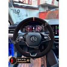 Hasakman Skoda Kamiq Dikme Direksiyon Kılıfı Full Alcantara Süet Taba Yüzük ve Taba Dikiş 2019-2024