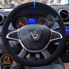 Hasakman Dacia Lodgy Dikme Direksiyon Kılıfı Full Alcantara Süet Mavi Yüzük ve Mavi Dikiş 2017-2022