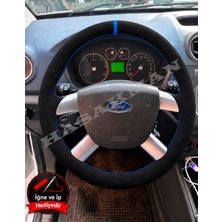 Hasakman Ford Fusion Dikme Direksiyon Kılıfı Full Alcantara Süet Mavi Yüzük ve Mavi Dikiş 2006-2012