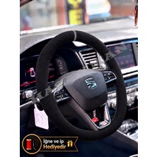 Hasakman Seat Leon Mk3.5 Dikme Direksiyon Kılıfı Full Alcantara Süet Gri Yüzük ve Gri Dikiş 2017-2020