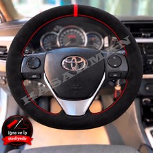 Hasakman Toyota Corolla E170 Dikme Direksiyon Kılıfı Full Alcantara Süet Kırmızı Yüzük ve Kırmızı Dikiş 2013-2019