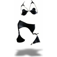 Hubrendy Beru Siyah Harness Takım Zincir Detaylı Suni Deri Bralet Set - BRF1220