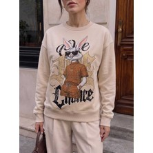 Dolce Queen Kadın Taş Detaylı Baskılı Oversize Sweatshirt 2 Iplik Şardonsuz Yeni Sezon