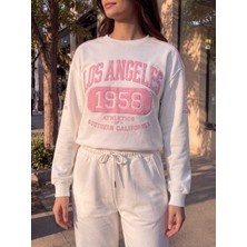 Dolce Queen Kadın Los Angeles Baskılı Bisiklet Yaka Sweatshirt 2 Iplik Şardonsuz Yeni Sezon