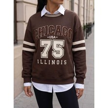Dolce Queen Kadın Chicago Baskılı Oversize Sweatshirt 2 Iplik Şardonsuz Yeni Sezon