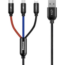 3 In 1, Lightning Için Şarj & Data Aktarım, Micro USB & Usb-C Için Şarj Kablosu, 0.3 Metre, Siyah