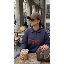 Dolce Queen Kadın Nakış Detaylı Polo Yaka Yazı Baskılı Oversize Sweatshirt Yeni Sezon