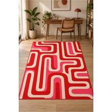 Rugs Modern Halı Dora Retro Geometrik Desenli Bordo, Bej ve Kırmızı Ince Dokuma Taban Salon Halısı OZL348