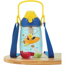 500ML Askılı Kulplu Pipetli Tritan Çocuk Su Matarası (Mavi-Sarı)