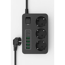 Çoklu Priz 3 Ac Soket + 5 USB (2 Usb-C, 3 Usb-A) - 2 Metre Kablo, Çocuk Korumalı, 3000W Güç, Isıya Dayanıklı, Anahtarlı Uzatma Kablosu