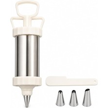 Çelik Krema Pompası, 3 Metal Uçlu Pasta ve Cupcake Süsleme Aparatı, Ergonomik Basmalı Krema Sıkacağı, Beyaz