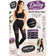 Daisy Tasarım Kadın Siyah Şeritli Şifon Detaylı Yüksek Bel Sporcu Tayt - Pilates, Yoga ve Fitness Taytı