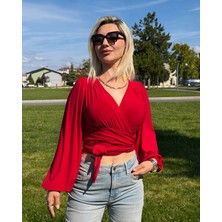 Harmony Fashion Kadın Kırmızı Belden Bağlamalı Bluz