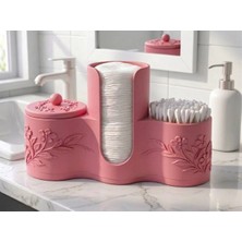 Marvielle 3D Baskı Pembe Çiçek Kabartmalı Pamuk Ped ve Kulak Çubuğu Kutusu - Banyo Düzenleyici