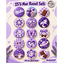 Mini Kutunuz Minikutunuz 15’li Mor Iğneli Rozet Seti – Milka Inek, Disko Topu ve Kelebek Tasarımlı 44 mm