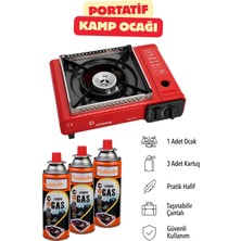 Nublado (4'lü Set) Portatif Taşınabilir Kamp Ocağı Tek Gözlü 3 Adet Kartuş Gezi Piknik Yemek Pişirme Ocağı (Kırmızı)