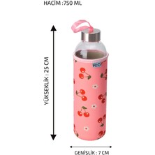 H2O Kılıflı Cam Su Şişesi Matara 750 ml Kiraz Desenli – Çelik Kapaklı Taşıma Askılı Korumalı Spor Okul Ofis Detoks Su Matarası