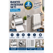 Marvielle 2 Parça Krom Banyo Seti Kapaklı Tuvalet Kağıtlığı + Havluluk - Banyo Düzenleyici