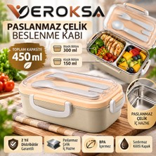 Veroksa Paslanmaz Çelik Beslenme Kabı 450 ml – 2 Bölmeli 300+150 Ml, Sızdırmaz Kilitli Kapaklı, Kaşık Çatallı Yemek Kabı, Okul Ofis Lunch Box
