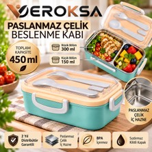 Veroksa Paslanmaz Çelik Beslenme Kabı 450 ml – 2 Bölmeli 300+150 Ml, Sızdırmaz Kilitli Kapaklı, Kaşık Çatallı Yemek Kabı, Okul Ofis Lunch Box
