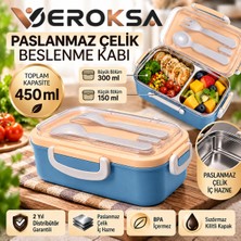 Veroksa Paslanmaz Çelik Beslenme Kabı 450 ml – 2 Bölmeli 300+150 Ml, Sızdırmaz Kilitli Kapaklı, Kaşık Çatallı Yemek Kabı, Okul Ofis Lunch Box