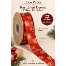 Yılbaşı Kar Tanesi Temalı Kırmızı Kurdele, 22 Metre-2.5 Cm, Saten Hediye Paketleme ve Süsleme Şeridi