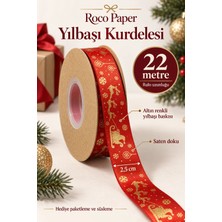 Yılbaşı Geyik Temalı Kırmızı Kurdele, 22 Metre-2.5 Cm, Saten Hediye Paketleme ve Süsleme Şeridi