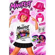 Bemora Kids Manifest Lidya Aksesuar Seti Manifest Lidya Pembe Peruk + Yüz Taşı + Glow Bileklik + Payetli Şapka Parti Konser Doğum Günü