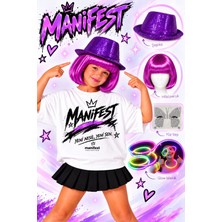 Bemora Kids Manifest Hilal Aksesuar Seti Manifest Hilal Mor Peruk + Yüz Taşı + Glow Bileklik + Payetli Şapka Parti Konser Doğum Günü