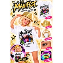 Bemora Kids Manifest Tişört T-Shirt Seti Manifest Esin Sarı Peruk + Yüz Taşı + Glow Bileklik + Payetli Şapka Parti Konser Doğum Günü