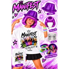 Bemora Kids Manifest Tişört T-Shirt Seti Manifest Hilal Mor Peruk + Yüz Taşı + Glow Bileklik + Payetli Şapka Parti Konser Doğum Günü