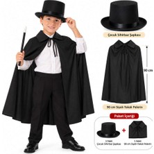 Hace Bazaar 3'lü Çocuk Sihirbaz Seti – 90 cm Siyah Pelerin, Şapka ve Hareket Eden Sihirli Sopa -Hcb
