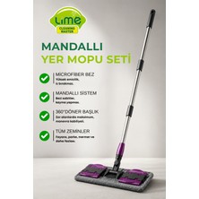 Lime Mandallı Mikrofiber Yer Mopu Seti 360° Döner Başlıklı Paslanmaz Çelik Saplı Islak & Kuru Temizlik Mopu