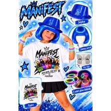 Bemora Kids Manifest Tişört T-Shirt Seti Manifest Zoktay Mavi Peruk + Yüz Taşı + Glow Bileklik + Payetli Şapka Parti Konser Doğum Günü