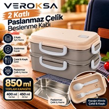 Veroksa 2 Katlı Paslanmaz Çelik Beslenme Kabı 850 ml – Sızdırmaz Kilitli Yemek Taşıma Kabı, Çatal Kaşık Dahil, 400 + 450 ml Çift Katlı Lunch Box