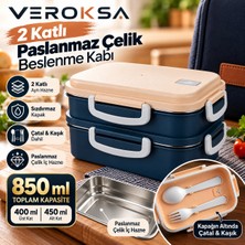 Veroksa 2 Katlı Paslanmaz Çelik Beslenme Kabı 850 ml – Sızdırmaz Kilitli Yemek Taşıma Kabı, Çatal Kaşık Dahil, 400 + 450 ml Çift Katlı Lunch Box