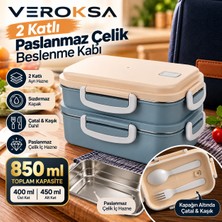 Veroksa 2 Katlı Paslanmaz Çelik Beslenme Kabı 850 ml – Sızdırmaz Kilitli Yemek Taşıma Kabı, Çatal Kaşık Dahil, 400 + 450 ml Çift Katlı Lunch Box