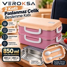 Veroksa 2 Katlı Paslanmaz Çelik Beslenme Kabı 850 ml – Sızdırmaz Kilitli Yemek Taşıma Kabı, Çatal Kaşık Dahil, 400 + 450 ml Çift Katlı Lunch Box