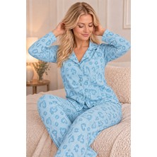 Lima Mavi Kadın Mavi Desenli Uzun Kollu Düğmeli Rahat Pijama Takımı