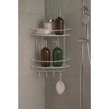 Marvielle Beyaz Yapışkanlı Banyo Köşeliği Düzenleyici 2 Katlı 4 Kancalı - Banyo Düzenleyici