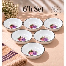 Emaye Muhallebi Yemek Kahvaltı Tabak Desenli 18CM , Çukur Tabak, Salata Tabak, Cips Tabak 6lı Set