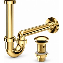 Badem10 Lavabo Sifonu Altın Pop Up S Tipi Basmalı Gider Takımı Banyo Lavabo Evye Için Komple Set