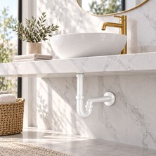 Badem10 Beyaz S Tipi Pop Up Lavabo Sifonu Basmalı Gider Takımı Banyo Lavabo Evye Uyumlu Model