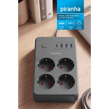 Piranha 45700 Akım Korumalı 4'lü Priz | 3 x USB Çıkış | 1 x Type-C Çıkış | Çocuk Koruması | 2m Kablo