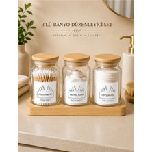 Marvielle 3’lü Cam Standlı Ahşap Kapaklı Pamukluk Seti - Banyo Düzenleyici