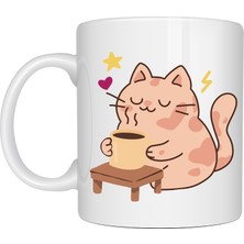 Ulu Pazarlama Sevimli Kedi Tasarımlı Porselen Kupa Model 196 – Kahve Içen Kedi Baskılı Porselen Kahve Kupası – Kedi Severlere Hediyelik Porselen Kupa Bardak 330 ml