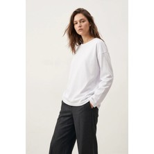 Elemge %100 Pamuk Süprem Oversize Kadın Uzun Kollu T-Shirt Compact Penye Tok Yumuşak Kumaş Bol Kesim Nefes Alan Terletmez Yapı Basic Beyaz Tişört